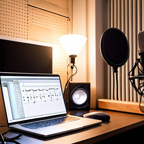 Home 11 **Prompt:** A cozy, well-lit home studio setup. Headphones are on a stand, a microphone is positioned in front of a pop filter, and sound dampening panels are subtly placed on the walls. A laptop displays a music notation software interface. The overall feel is inviting and conducive to focused vocal practice.