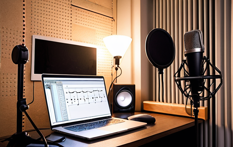 **Prompt:** A cozy, well-lit home studio setup. Headphones are on a stand, a microphone is positioned in front of a pop filter, and sound dampening panels are subtly placed on the walls. A laptop displays a music notation software interface. The overall feel is inviting and conducive to focused vocal practice.