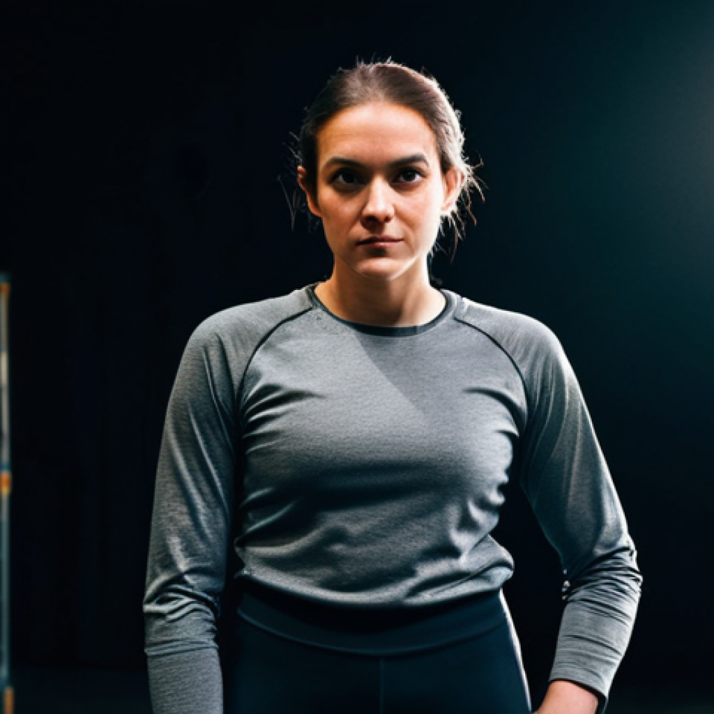 A professional female theatre performer, appearing focused and determined, wearing comfortable, modest athletic wear suitable for rehearsal, such as leggings and a long-sleeved top. Captured in a candid, natural pose backstage in a dimly lit theatre, with a few subtle stage props or set pieces blurred in the background. The atmosphere is quiet and reflective. High-quality professional documentary photography, soft lighting, natural colors, realistic textures, sharp focus, perfect anatomy, correct proportions, well-formed hands, proper finger count, natural body proportions, fully clothed, modest clothing, appropriate attire, safe for work, appropriate content, professional, family-friendly.