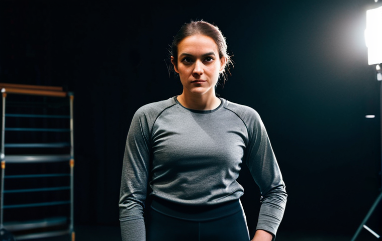 A professional female theatre performer, appearing focused and determined, wearing comfortable, modest athletic wear suitable for rehearsal, such as leggings and a long-sleeved top. Captured in a candid, natural pose backstage in a dimly lit theatre, with a few subtle stage props or set pieces blurred in the background. The atmosphere is quiet and reflective. High-quality professional documentary photography, soft lighting, natural colors, realistic textures, sharp focus, perfect anatomy, correct proportions, well-formed hands, proper finger count, natural body proportions, fully clothed, modest clothing, appropriate attire, safe for work, appropriate content, professional, family-friendly.