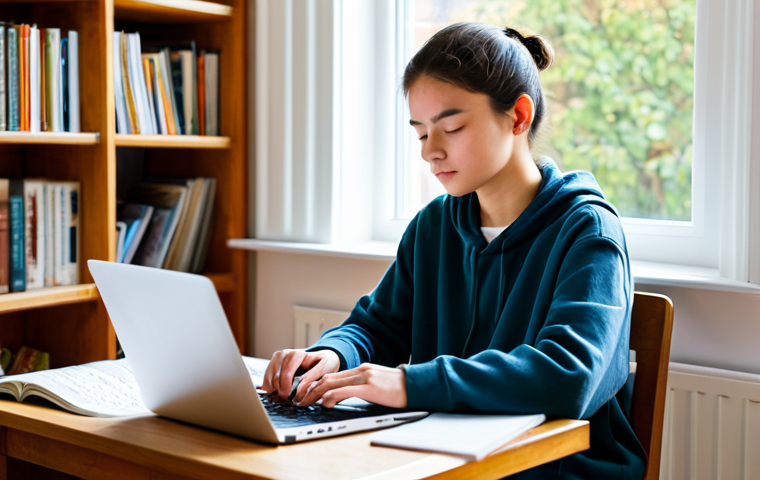 Focused Online Learning**

A dedicated student, fully clothed in comfortable clothing, participates in an online masterclass on a laptop in a cozy home study space filled with books and musical scores. The scene is lit with warm, natural light from a nearby window. The student is taking notes and appears engaged in the lesson. safe for work, appropriate content, professional, modest, perfect anatomy, correct proportions, well-formed hands, proper finger count, natural body proportions, fully clothed.

**