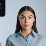 Home 12 뮤지컬 배우의 비대면 오디션 준비 - A focused young adult female, mid-twenties, with natural, confident expression, making direct eye co...