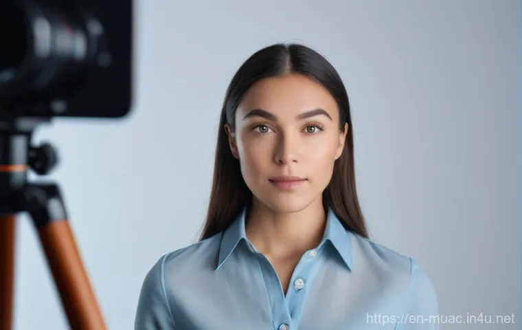 뮤지컬 배우의 비대면 오디션 준비 - A focused young adult female, mid-twenties, with natural, confident expression, making direct eye co...