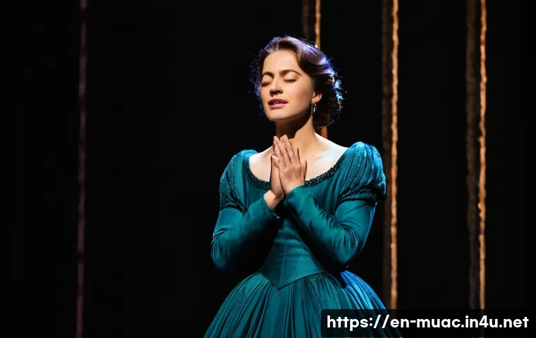뮤지컬 배우의 공연 평가 분석 - **A musical theatre actor, mid-performance, delivering a powerful and emotional ballad on a dimly li...