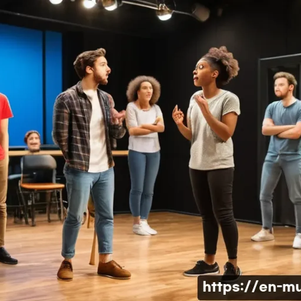 뮤지컬 배우의 즉흥 연기 기술 - A vibrant rehearsal room scene showing a diverse group of young musical theater actors engaged in an...
