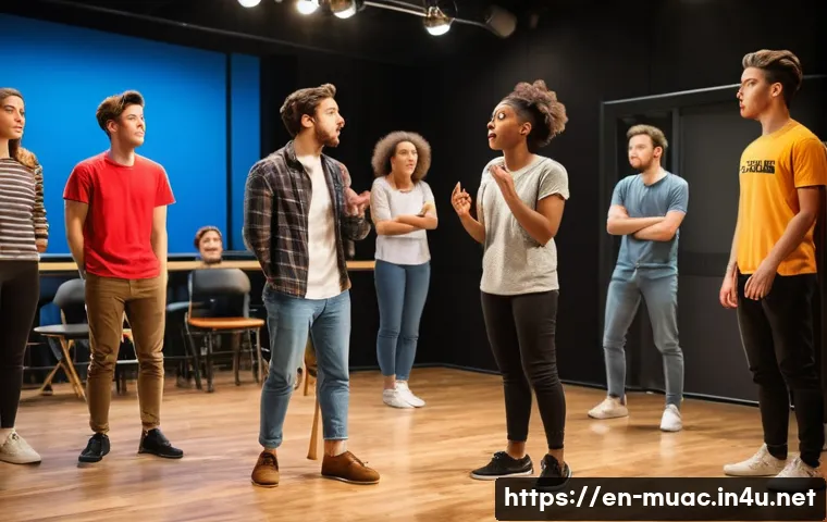 뮤지컬 배우의 즉흥 연기 기술 - A vibrant rehearsal room scene showing a diverse group of young musical theater actors engaged in an...