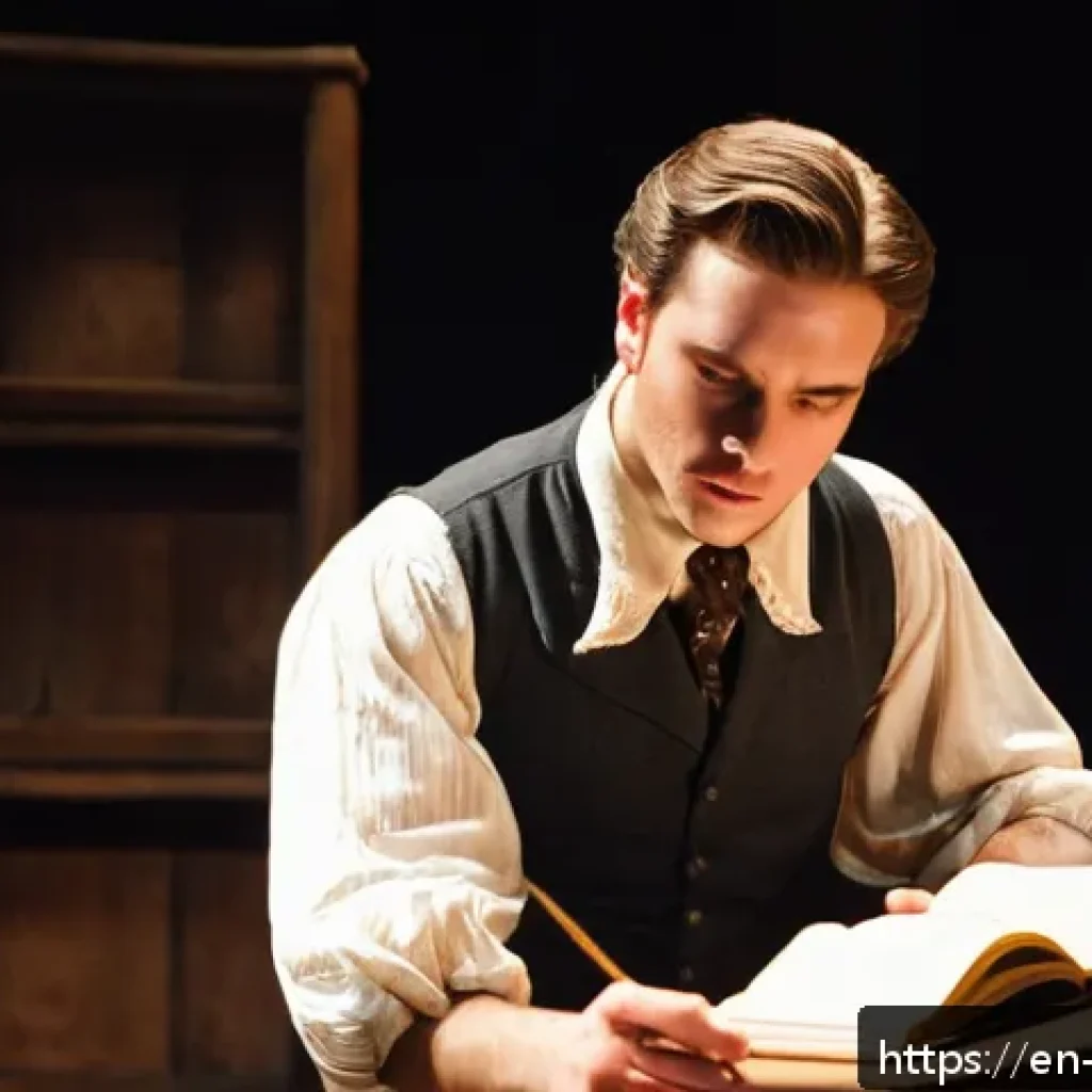 뮤지컬 배우가 알아야 할 무대 소품 사용법 - A professional stage actor rehearsing a dramatic scene in a modern theater, carefully handling a vin...
