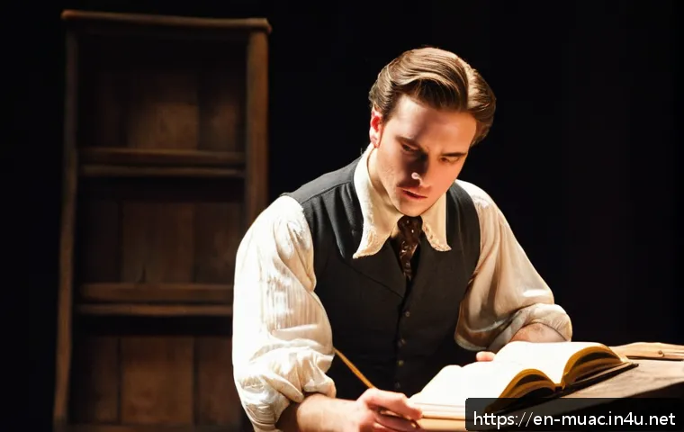 뮤지컬 배우가 알아야 할 무대 소품 사용법 - A professional stage actor rehearsing a dramatic scene in a modern theater, carefully handling a vin...