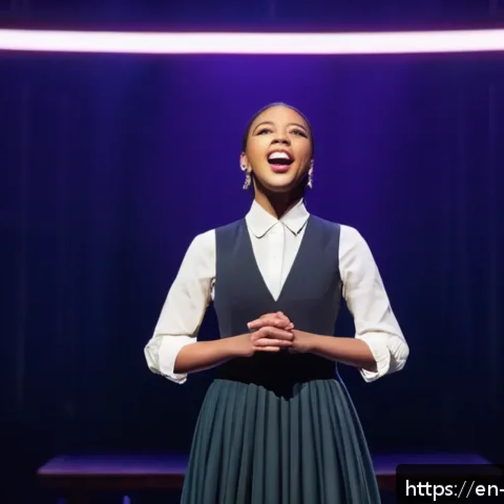 뮤지컬 배우 발성 훈련법 - A confident young female singer standing on a brightly lit stage in a modern theater, demonstrating ...