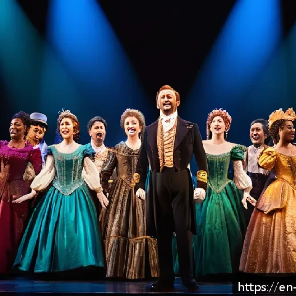 뮤지컬 배우의 국내외 공연 비교 - A vibrant Broadway stage scene featuring a diverse cast of musical theater actors in elegant costume...