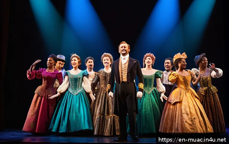 뮤지컬 배우의 국내외 공연 비교 - A vibrant Broadway stage scene featuring a diverse cast of musical theater actors in elegant costume...