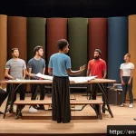 Home 22 뮤지컬 배우가 알아야 할 저작권 지식 - A professional theater rehearsal room with diverse musical actors practicing a scene, all dressed in...