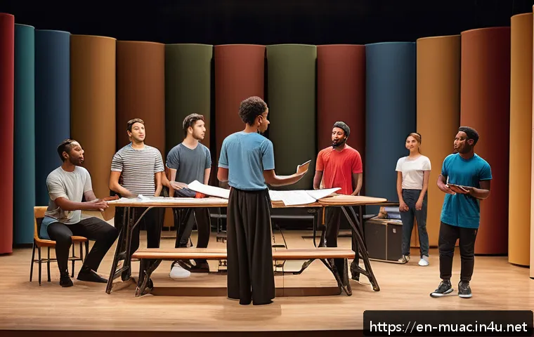 뮤지컬 배우가 알아야 할 저작권 지식 - A professional theater rehearsal room with diverse musical actors practicing a scene, all dressed in...