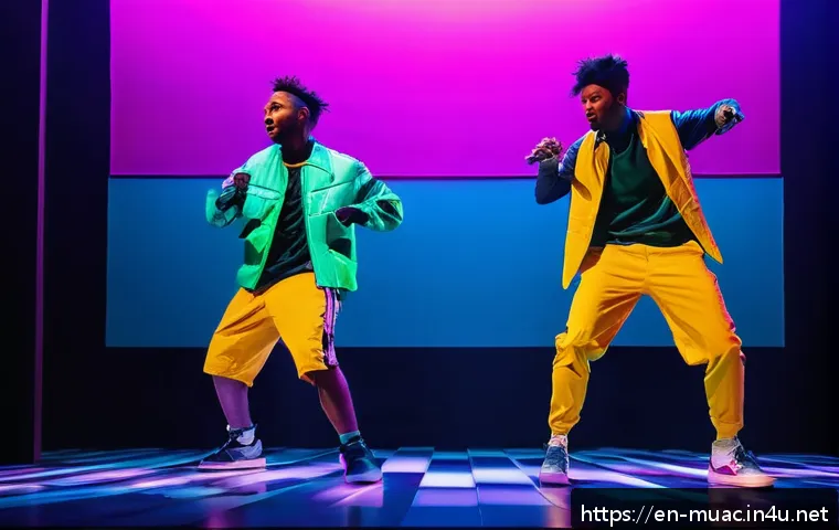 뮤지컬 배우가 추천하는 필수 공연 - A dynamic contemporary musical stage scene featuring diverse actors in colorful, modern costumes inc...