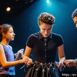 Home 19 뮤지컬 배우가 들려주는 무대 실수 사례 - A dynamic backstage scene showing a diverse theater crew hurriedly fixing a costume malfunction unde...
