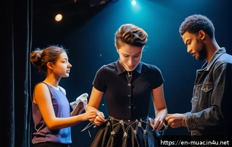 뮤지컬 배우가 들려주는 무대 실수 사례 - A dynamic backstage scene showing a diverse theater crew hurriedly fixing a costume malfunction unde...